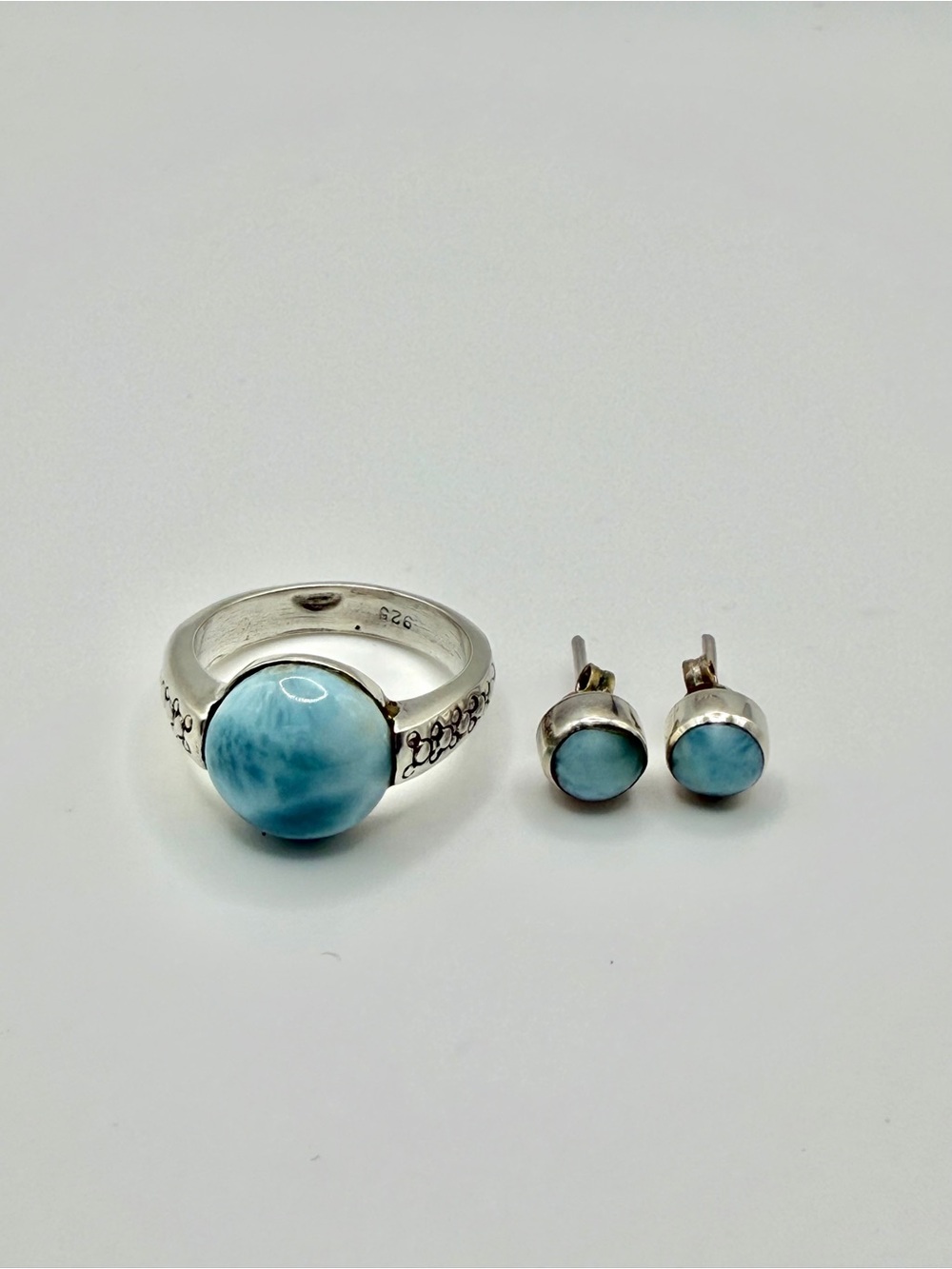925 Sterling Silver Larimar Ring & Stud Earrings Set – Size 8 – 9g C017